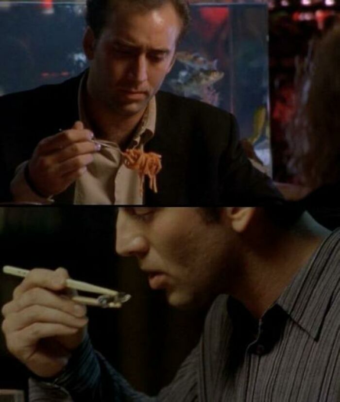 In Leaving Las Vegas (1995), Nicolas Cage's Character Ben Doesn't Eat A Single Thing During The Whole Film, Since Chronic Alcoholics Often Can't/Won't Eat. In The Restaurant, He Puts Spaghetti On His Fork But Doesn't Eat It And, When Sera Cooks Rice For Him, He Eats An Ice Cube Instead
