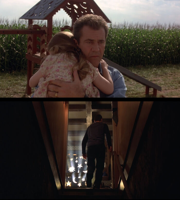 In Signs (2002), The Hess Family Uses Items Around The Farm To Board Up The Windows And Doors Of The House. This Can Be Seen At The End Of The Stairs As Merrill Leaves The Basement, Where The Roof Of The Children's Playhouse Is Covering Up A Window