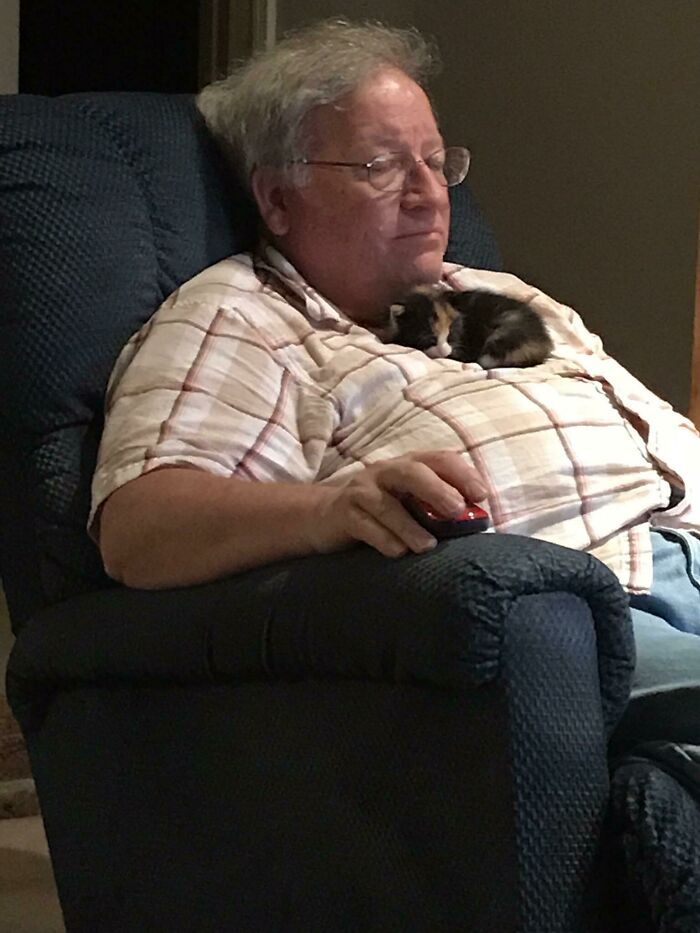 My Dad Has Never Had A Cat But Loves Mine. He Found A Kitten Crying Outside A Couple Days Ago Who Prefers Sleeping Like This