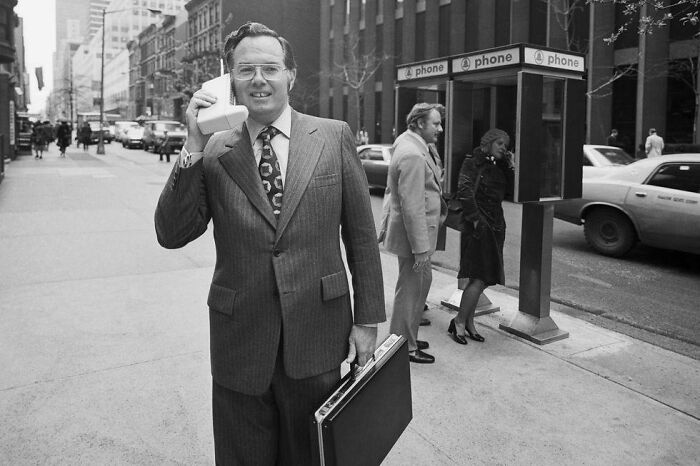 Motorola Vice President John F. Mitchell Showing Off The Dynatac Portable Radio Telephone In New York City In 1973