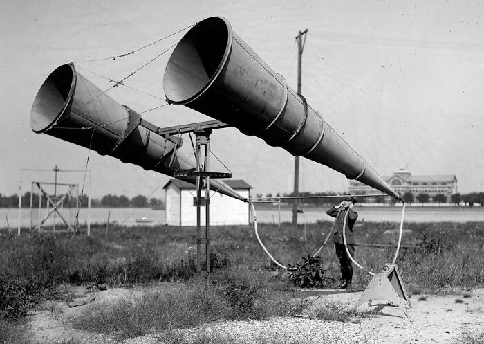 Using A Two-Horn Listening Device At Bolling Field In Washington, D.c., In 1921 Before The Invention Of Radar, To Listen For Distant Aircraft