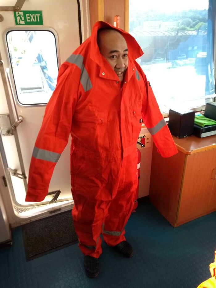 With The Current Trend Of Others Wearing Tall People's Clothes, Here's My Former Colleague From The Philippines In My Coveralls