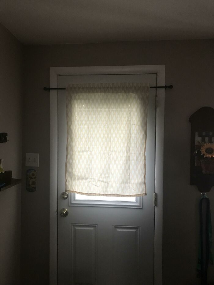 Tried To Hang The Curtain Rod Above My Front Door Yesterday... Didn’t Realize What I Had Done Til I Stepped Back