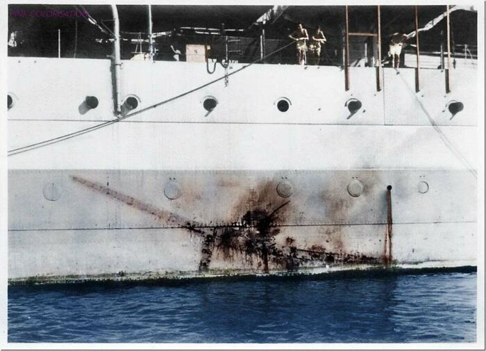 The Imprint Of A Mitsubishi Kamikaze Zero Along The Side Of H.M.S Sussex. 1945