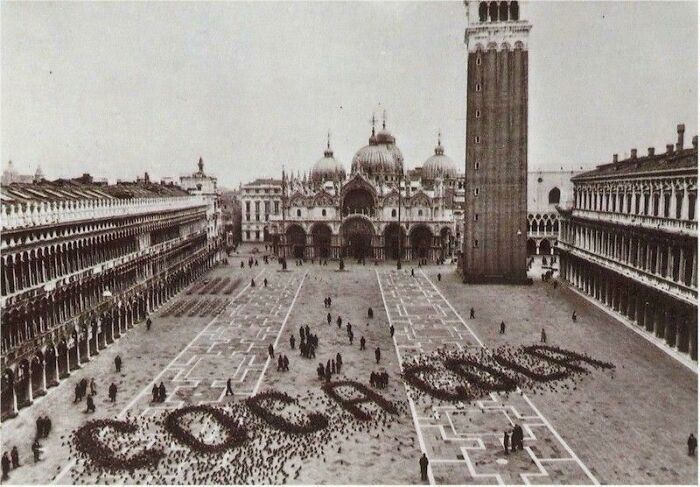 A Coca Cola Advertisement Made By Spreading Grains For Pigeons In Saint Mark's Square, Venice, 1960