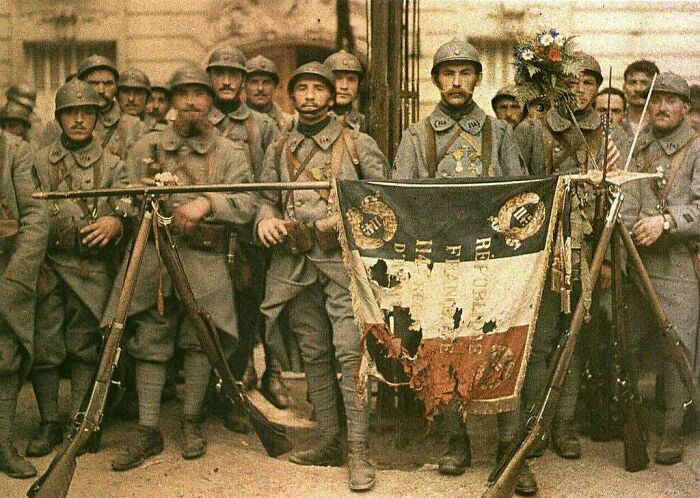 French Troops With War-Torn Flag, 1917