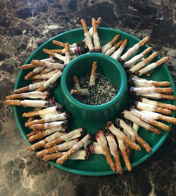 Pretzels Dipped In White & Red Chocolate Melts, Then Dipped In Black & White Sugar Cigarettes