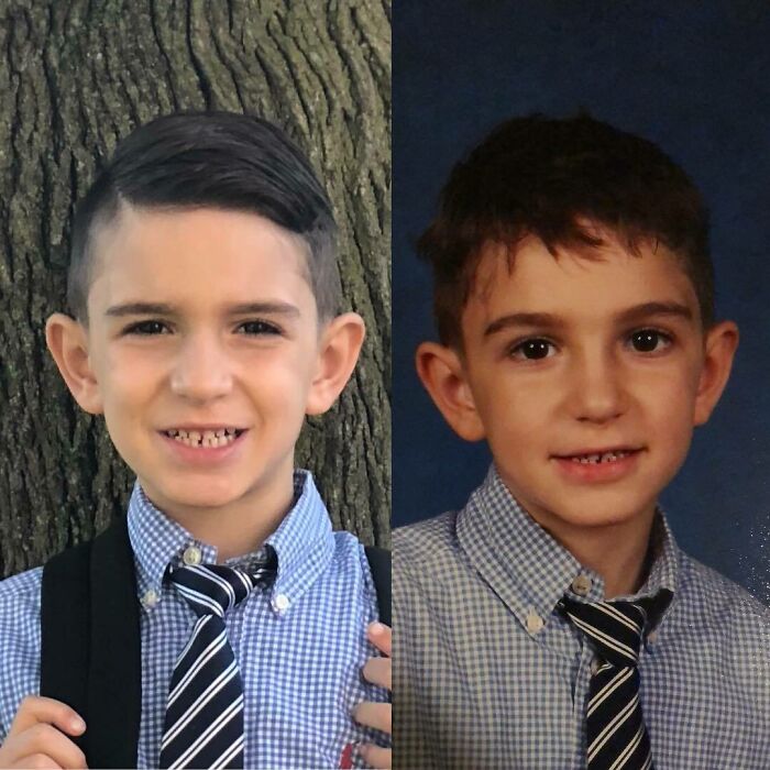 Can Anyone Offer An Explanation Of How I Sent Jack To School At 9am Looking Like The Picture On The Left, And When He Took His School Pictures At 9:30am They Look Like The Picture On The Right?!?!