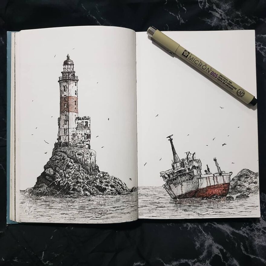 Abandoned Lighthouse And Derelict Ship