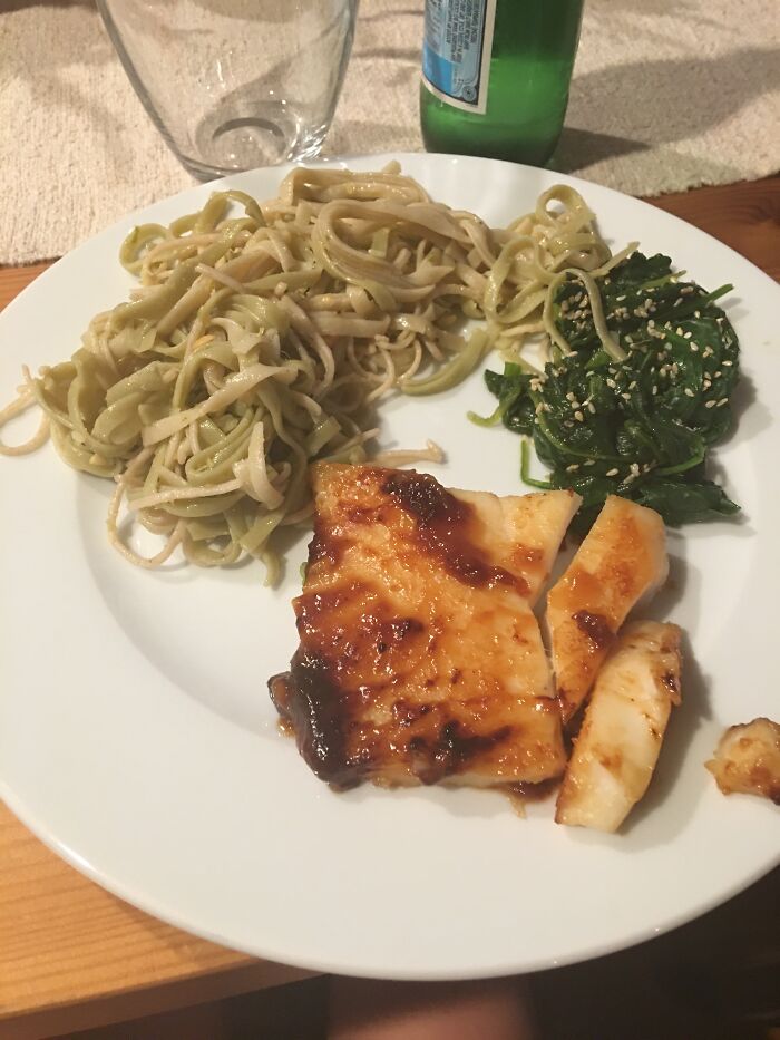 Teriyaki Cod, Cold Noodle Salad And Some Cooked Spinach With Sesame Seeds!!