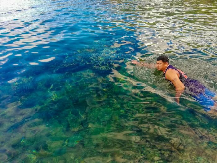 Hubby Swimming On A Calm And Clear Waters Of Bituin Cove In Batangas, Philippines