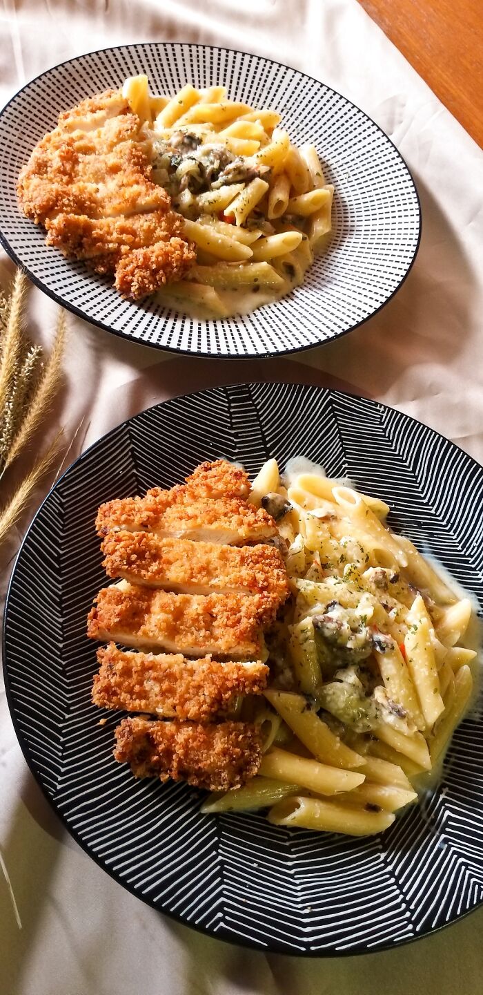 Penne Carbonara And Crispy Chicken Katsu Are Perfect Combo!