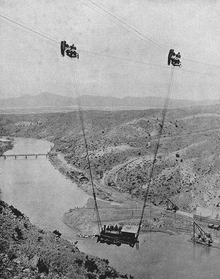 Steam Locomotive On A Cable Car, Crossing The Canyon Of The Rio Grande River In New Mexico, USA, In 1915