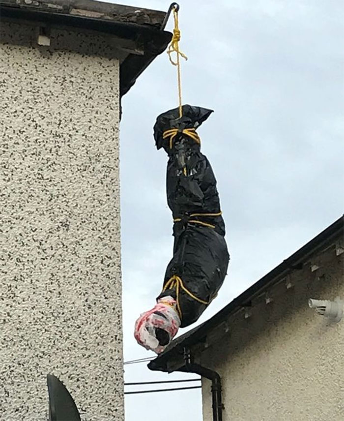 Cadáver pendurado no telhado - decoração de halloween