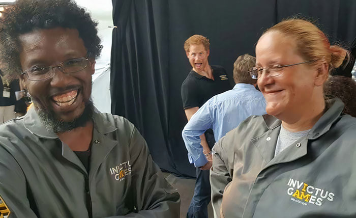 In Honor Of The Royal Wedding, I Present My Friend Derek Getting Photobombed By Prince Harry While Working The Invictus Games Last Year