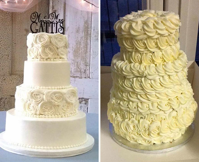 When You Order A Wedding Cake (Left Pic) And This Is What Is Sent Through The Night Before Your Wedding (Right Cake)