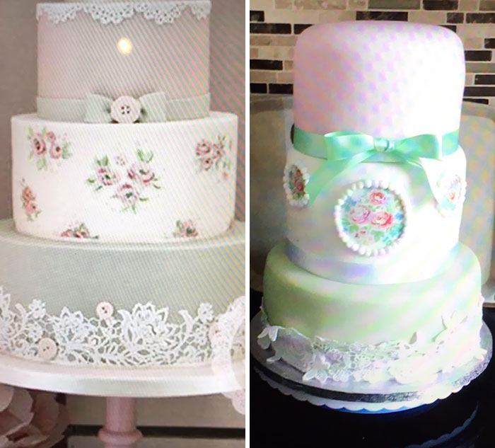 My Barber's Bride Found The Wedding Cake (Left) She Wanted And A Baker Said She'd Bake It For Her. Two Days Before The Wedding Baker Sent Them The Pic On The Right