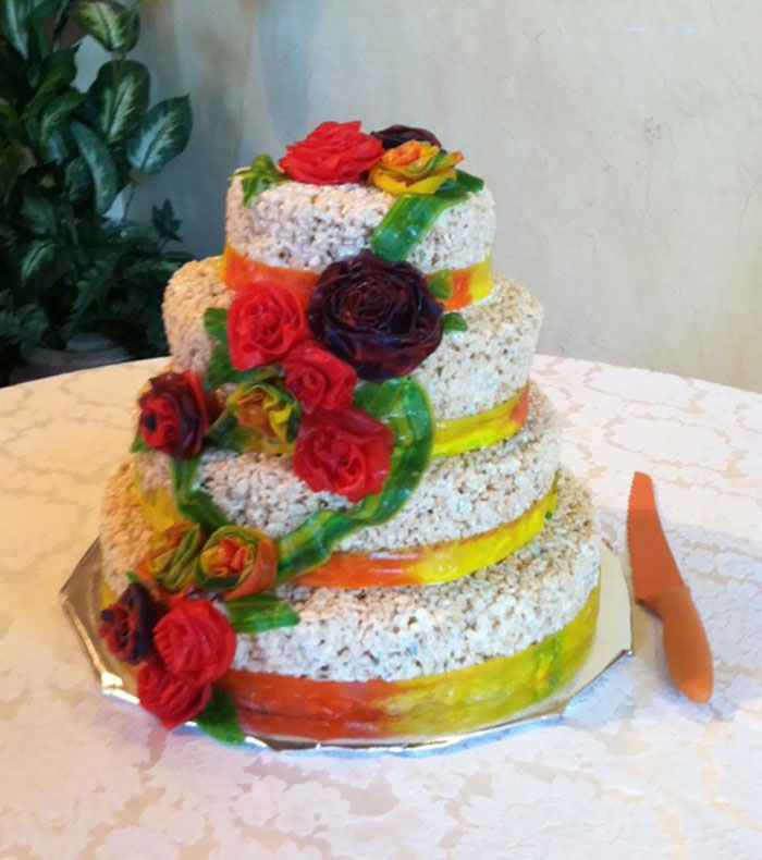 My Cousin's Wedding Cake. Rice Krispy Treats With Fruit By The Foot Flowers