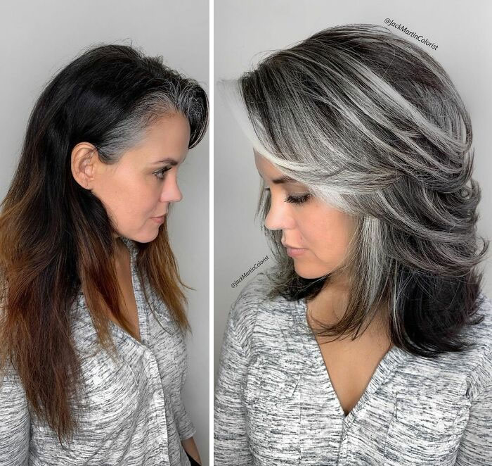 Instead Of Covering Grey Roots, This Hair Colorist Embraces It | Bored Panda