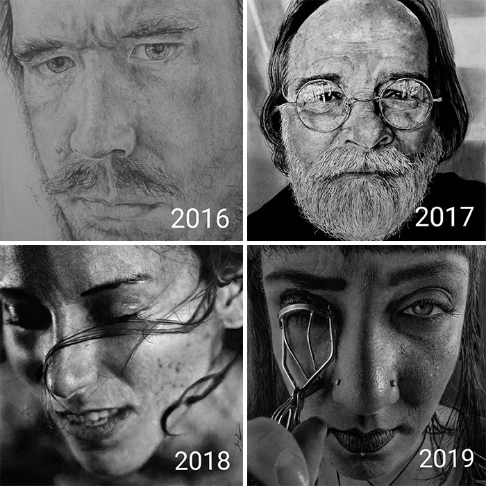 I've Been Training Myself How To Draw Photorealistically For A Little While Now. Here's My Best Sampling From Each Year Of Progress