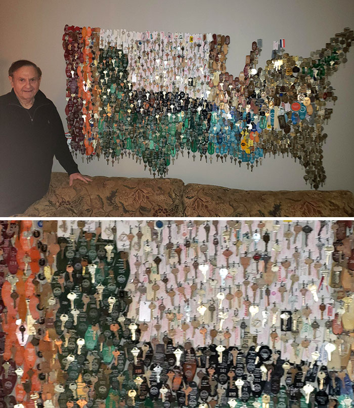 My Grandfather Used All Of His Hotel/Motel Keys He Received From His Job As A Travelling Salesman And Made Them Into A Map Of The US