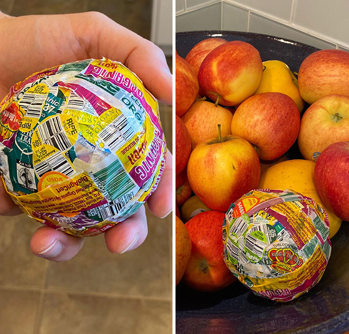 Brother-In-Law Has Collected Produce Stickers For Years And Turned Them Into A Ball Bigger Than The Fruit They Came From
