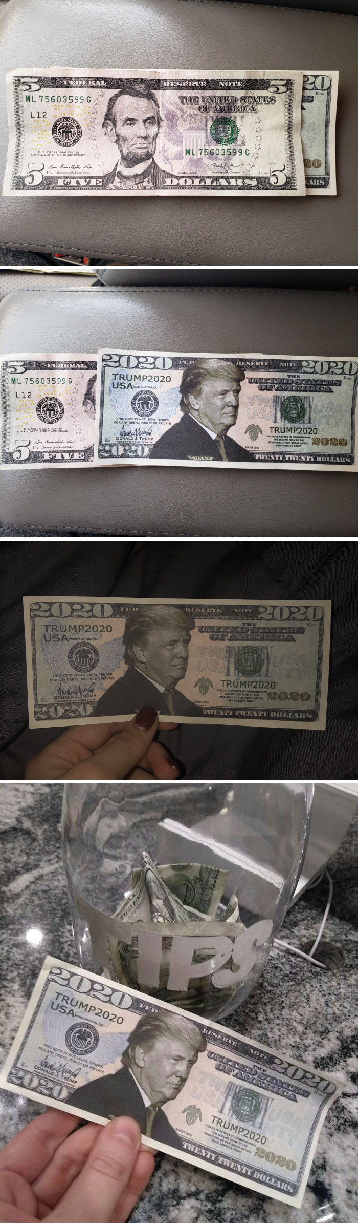 Here's A Tip, It's Trashy As Hell To Leave Fake Money As A Tip That Advertises Your Candidate