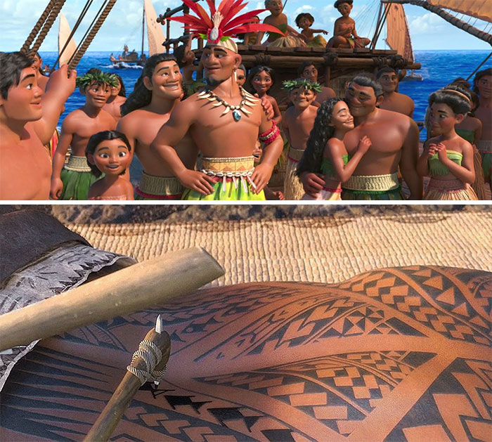 In Moana (2016) During The Song "We Know The Way" None Of The People Have Tattoos. It's Not Until After They Find Their Island Home That We See Characters With Tattoos. This Is Because They Never Had The Resources To Figure Out A Tattoo Technique While They Were Traveling