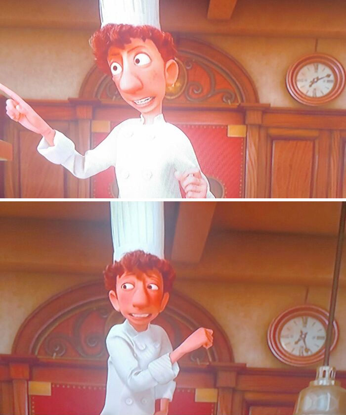 Linguine Gives An "Inspirational Speech" Before Food Critic, Anton Ego, Comes To Critique The Restaurant's Food. Pixar's Attention To Detail Shows The Staff Visibility Exhausted By This Speech. That's Because It Lasts Almost 20 Minutes During Dinner Service!