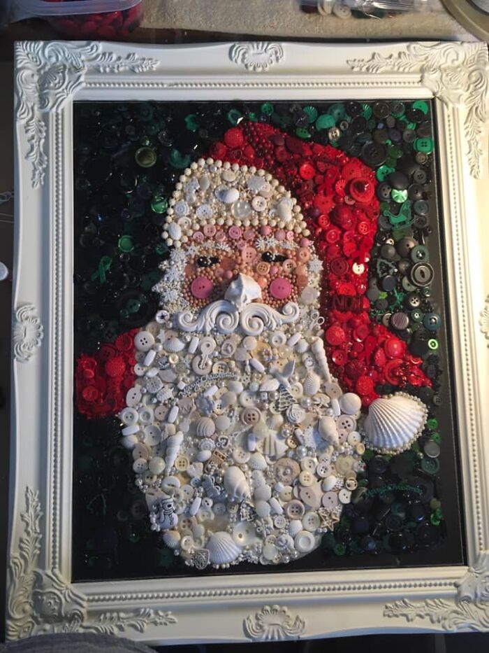This Is A Santa Portrait I Created With Thrifted Frame And Buttons, Shells And Miscellaneous Smalls