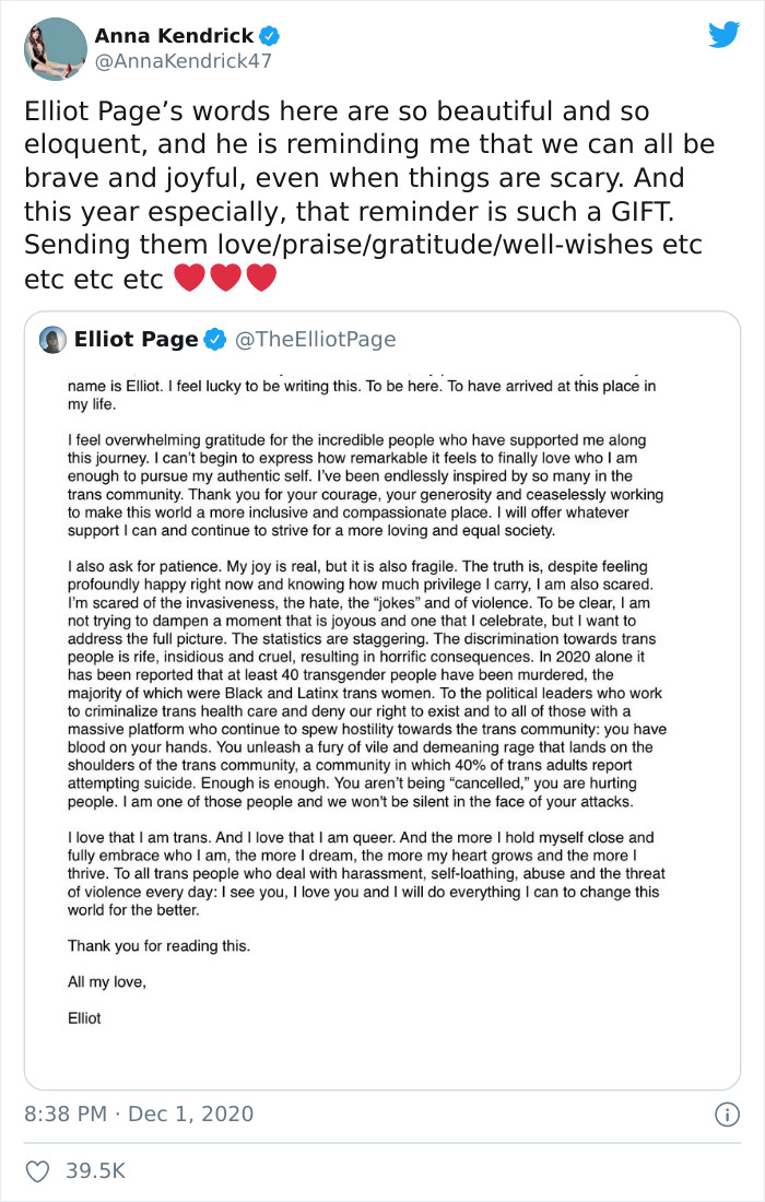 14 Celebs Are Showing Their Support For Elliot Page Coming Out As Trans