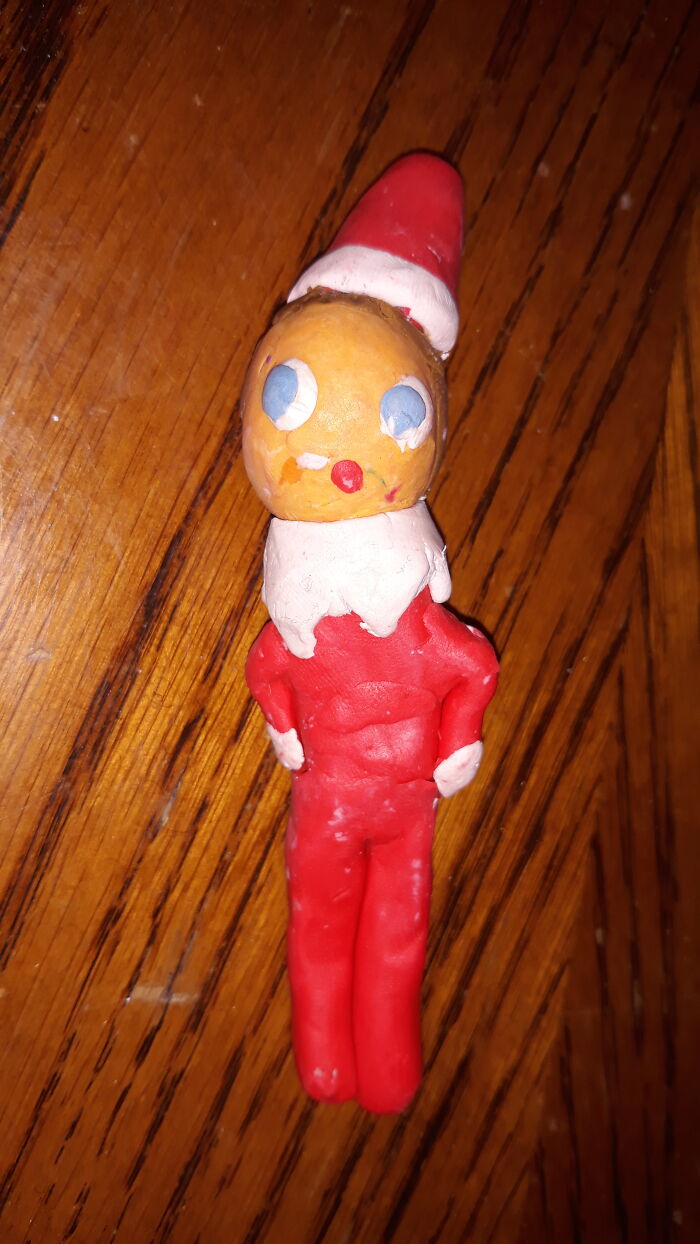My Daughter Made An Elf Out Of Non-Drying Clay For Her Elf On The Shelf.