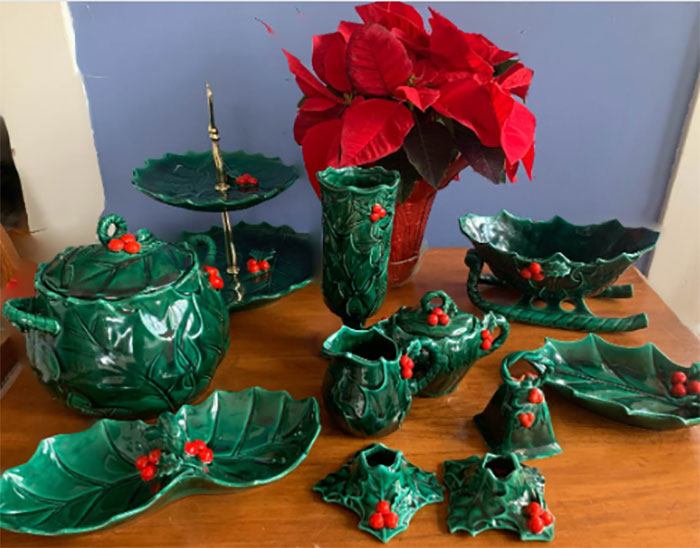Here Is My Lefton Hollyberry Collection! Majority Of The Pieces Were Passed Down To Me From My Mother, Who Got Them From Her Mother. I Believe She Saved Green Stamps To Purchase Pieces. The Bell Was A Gift From A Friend After She Saw My Collection Displayed At A Holiday Party. Using Them To Decorate Every Year Makes Me Feel Connected To My Mom And Grandma