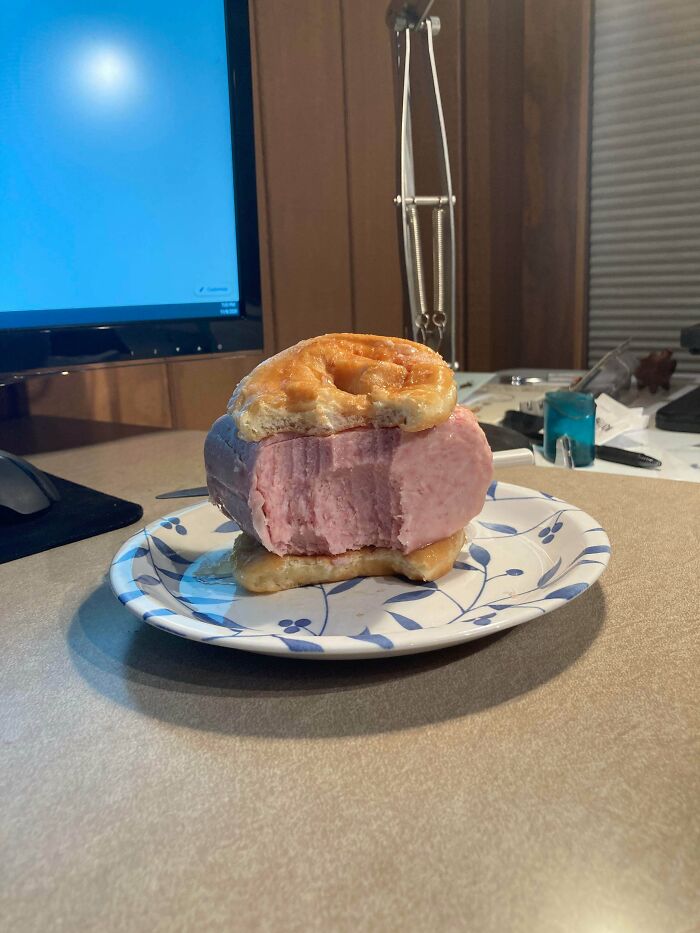 The “Spamwich” Made By My Friend. A Full Pack Of Spam And Two Krispy Kreme Doughnuts