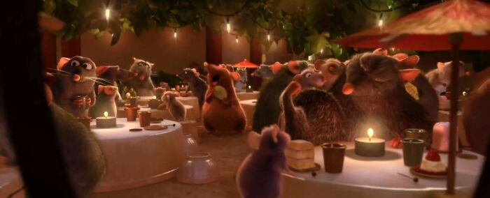 In This Scene At The End Of Ratatouille, The Cups Are Thimbles, The Plates Are Buttons, And The Utensils Are Pins