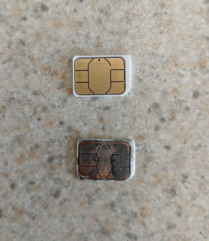 Customer Came In Because Their Phone Said No Sim. I Wonder Why... (Old Sim On Bottom, New Sim On Top For Comparison)