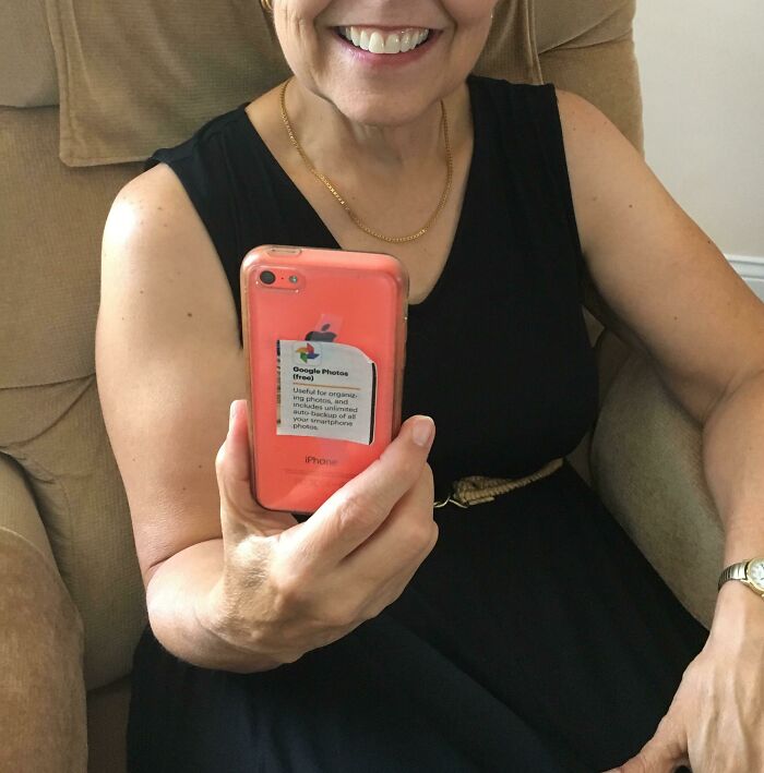 My Mom Found A Blurb In The Newspaper About An App She Was Interested In And Wanted To Remember. Instead Of Taking A Picture Of It, She Cut It Out And Taped It To The Back Of Her Phone