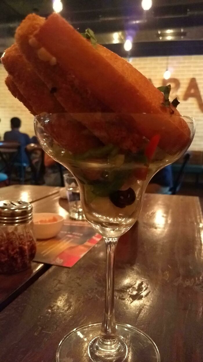 Cheese Sticks With Salad Underneath, In A Margarita Glass, In A Dry State