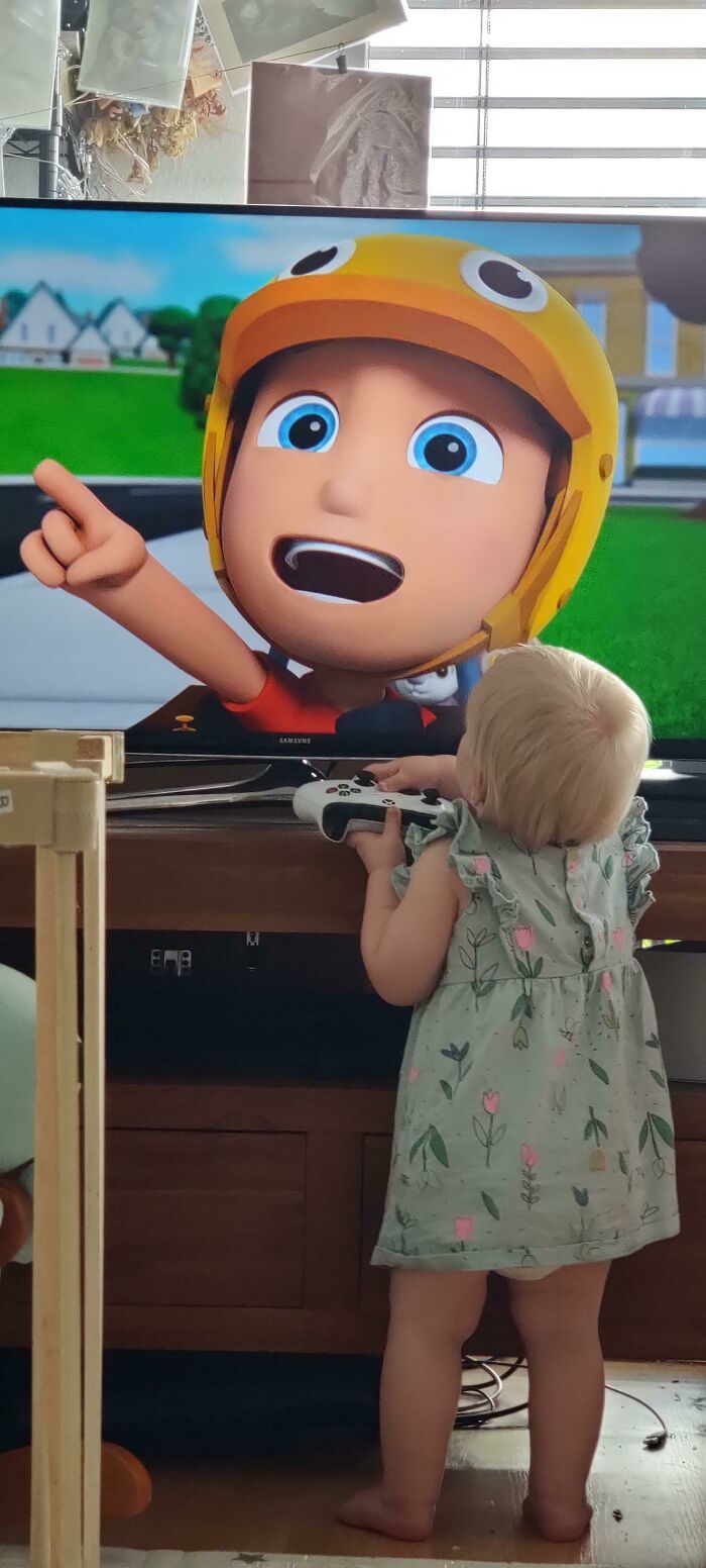 She Thinks She's Controlling Paw Patrol Because She Saw Her Daddy Using The Controller To Control The TV