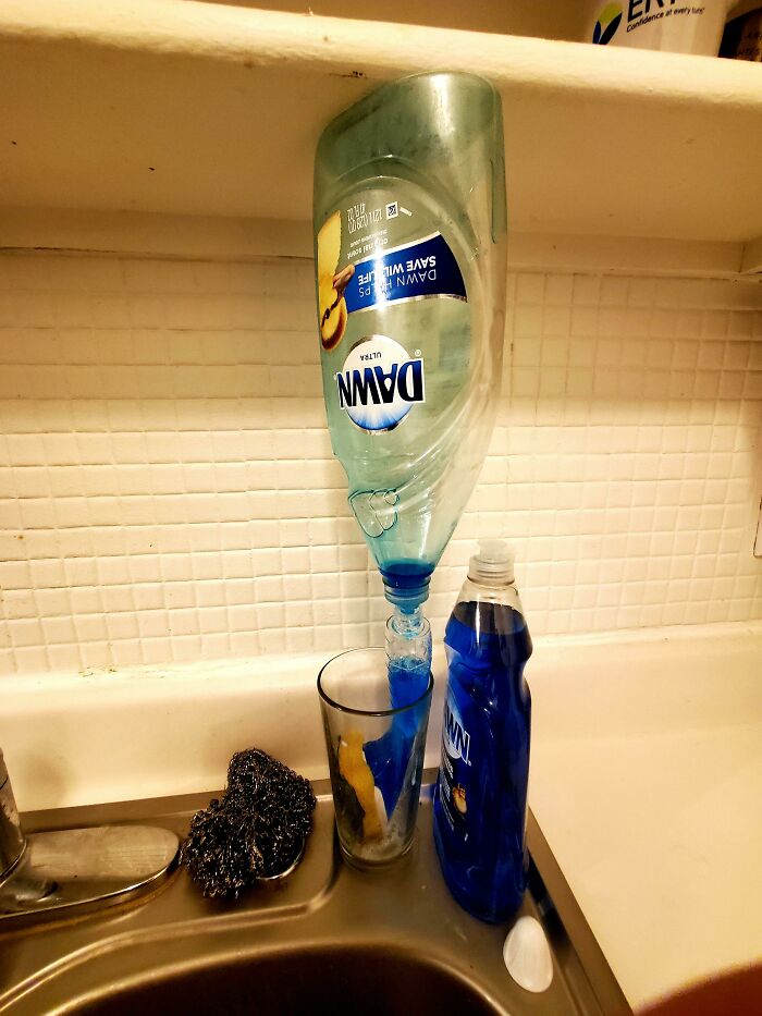 Dish Soap Bottle Was Just The Right Height To Lodge Underneath The Shelf And Let The Last Bit Fill Up The Scrub Brush Dispenser