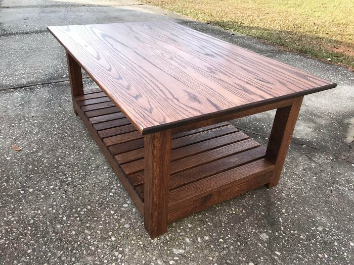My 14-Year Old Son Built This Coffee Table For His Sister And Her Boyfriend As A Christmas Gift. It Measures 28” X 42” And Is Made Of Red Oak With Red Oak Stain And Polyurethane Finish