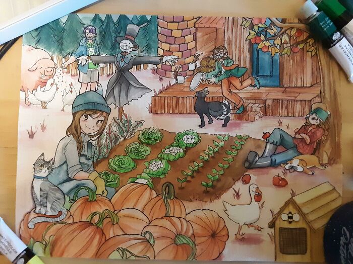 For My Friends Christmas Present, I Drew Her, Our Pets And I On Our Community Farm!