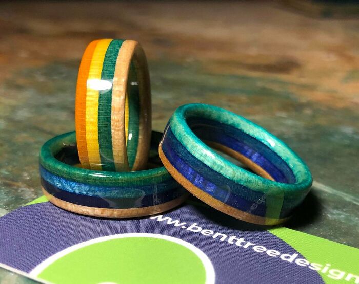 Just Finished Up A Few Custom Wooden Rings Using Dyed Maple Skateboard Veneer