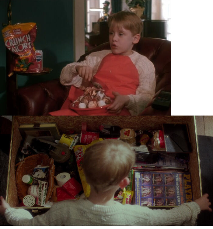 In Home Alone (1990), In The Scene Where Kevin Mccallister Is Eating A Huge Bowl Of Ice Cream With Marshmallows And Watching "Angels With Filthy Souls", There Is A Bag Of Crunch Tators On The Table Next To Him Which Could Possibly Be The Same Bag In Buzz's Trunk In A Previous Scene