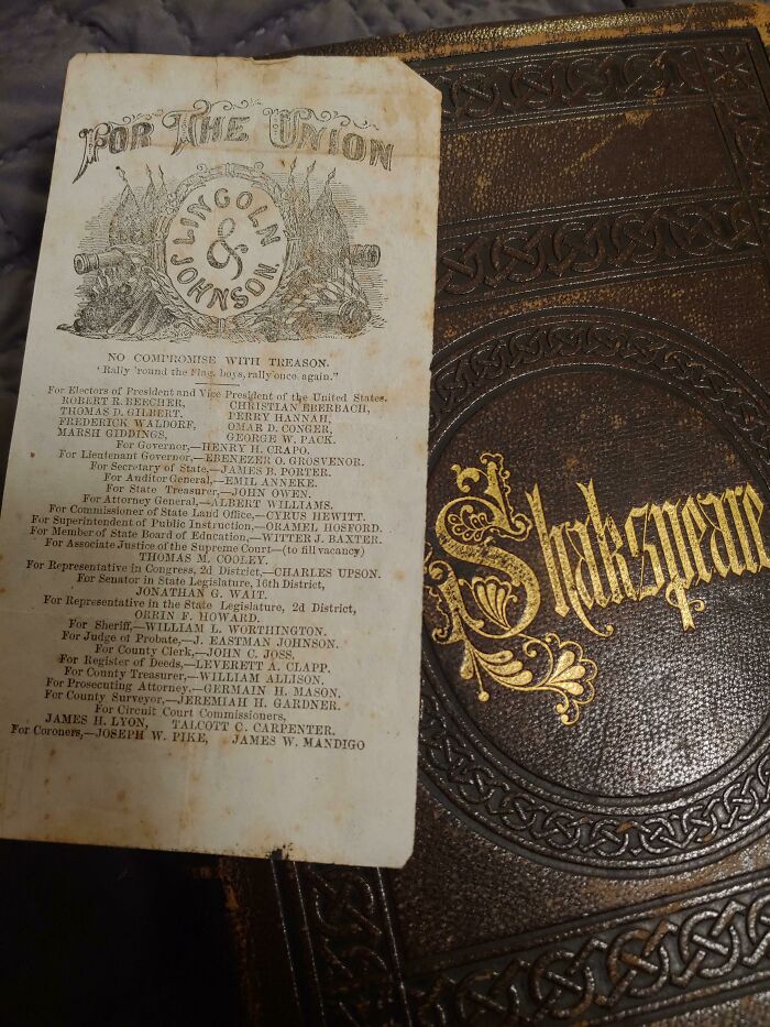 This "Bookmark" I Found In An Old Shakespeare Book Is A Voting Ticket From The Civil War