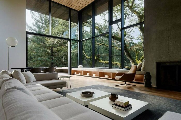 Tall And Spacious Living Room Opening Up To A Patio And Garden Surrounded With Mature Oak Trees, Orinda, Contra Costa County, California