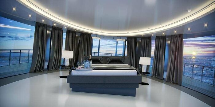 Yacht's Master Bedroom With Stabilized Bed On A Gyroscopic Platform