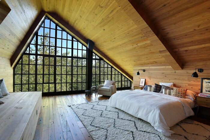 Spacious Attic Bedroom With A Giant Window Under A Vaulted Ceiling, Bridgehampton, South Fork, Suffolk County, Long Island, New York