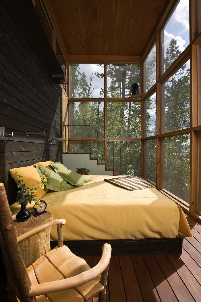 Wood Bedroom In A Retreat In The Wilderness, Bigfork, Flathead County, Montana
