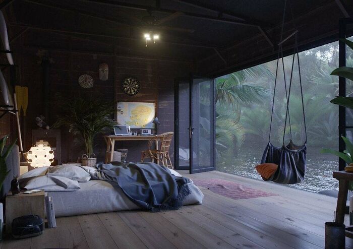 A Cozy Room Next To A Jungle River